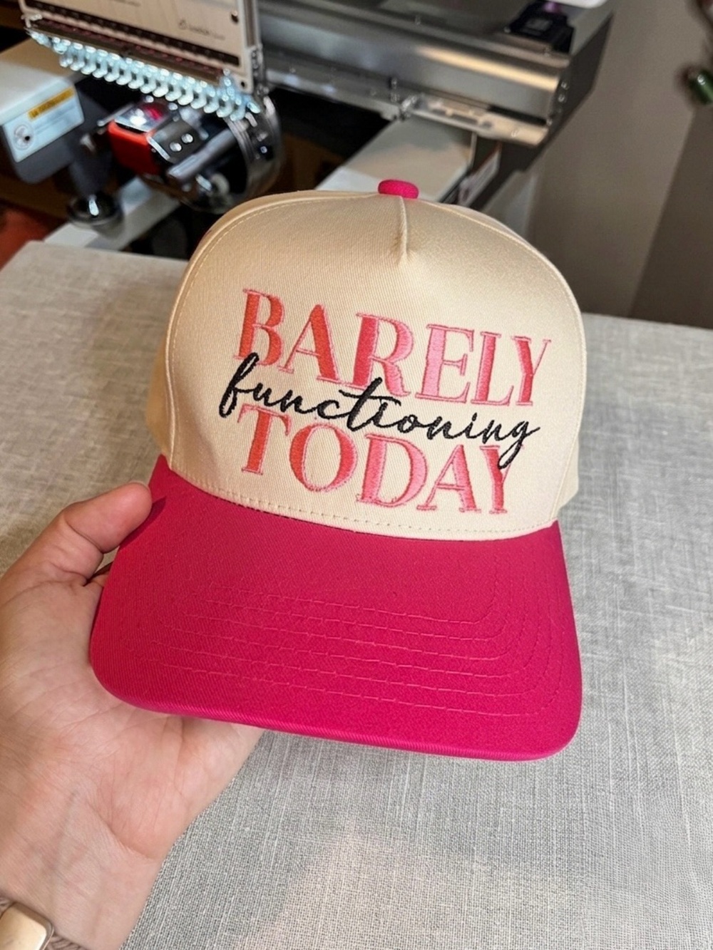 'Barely Functioning Today' Two-Tone Trucker Hat - Pink & Cream
